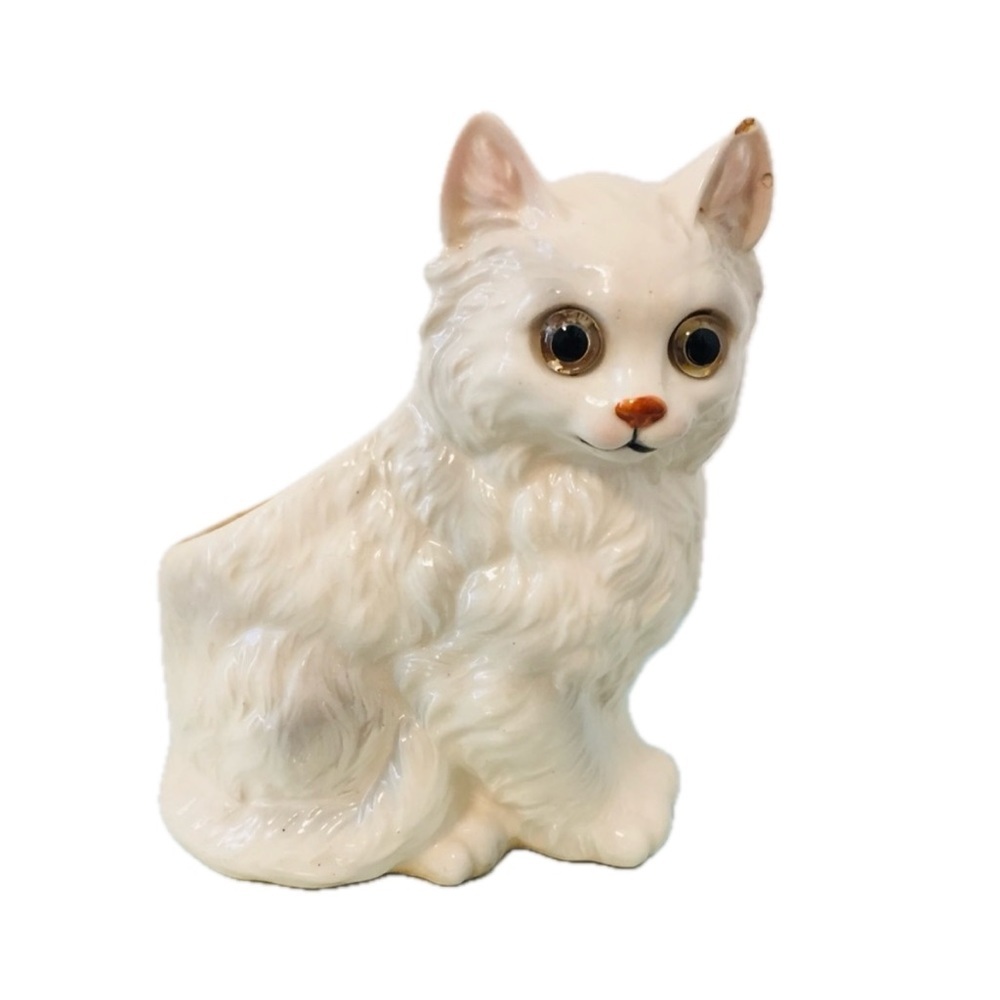 Vintage Ceramic Cat Planter white gray